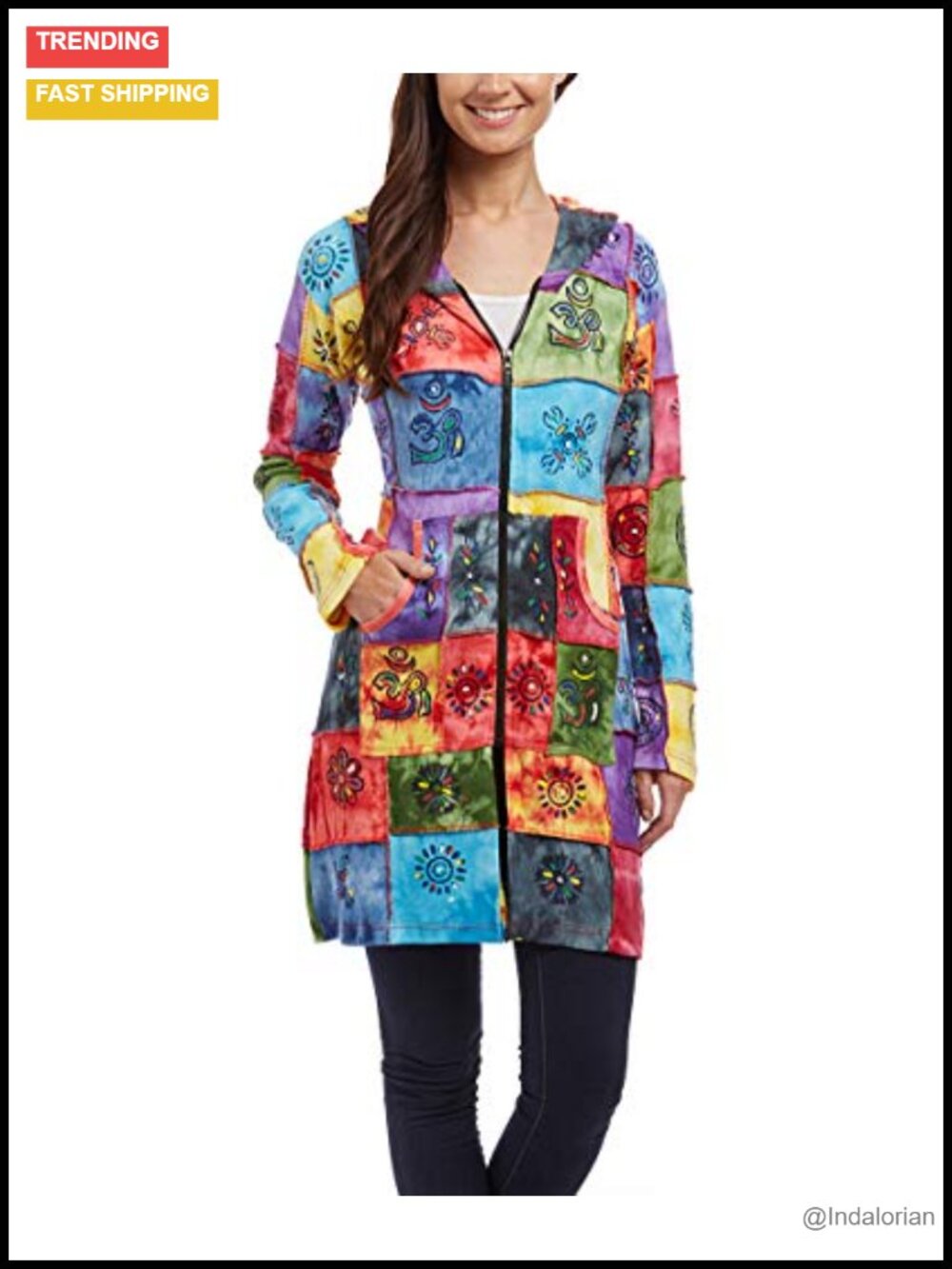Boho Zip Up Hoodie Jacket Cotton Artisan Made Nepal Kangaroo Pocket